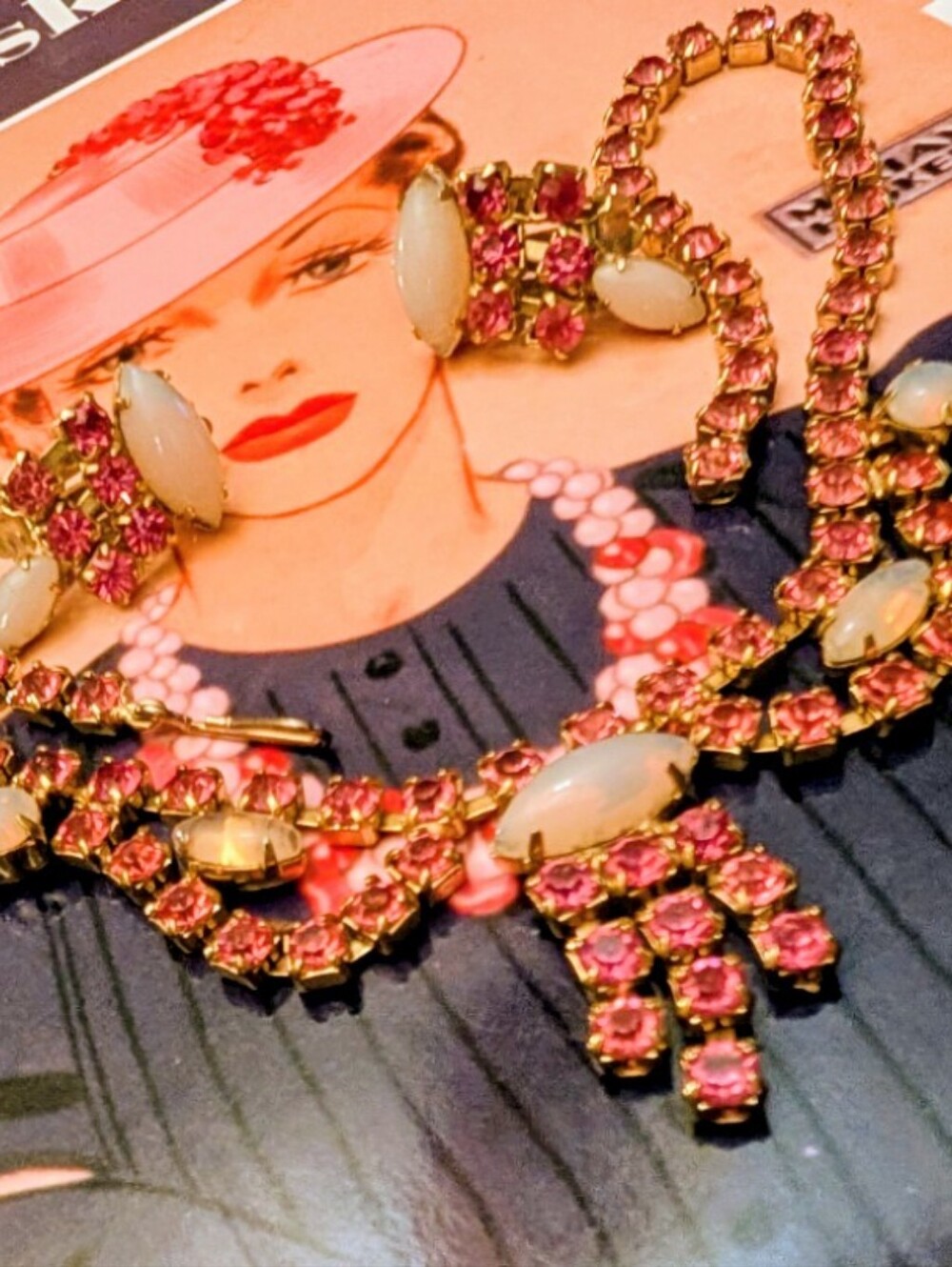 Rare Vintage Pink Rhinestone & Opalite Demi Parure